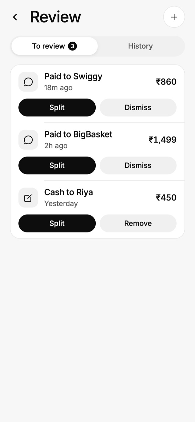 The Review list with three payments to split or dismiss