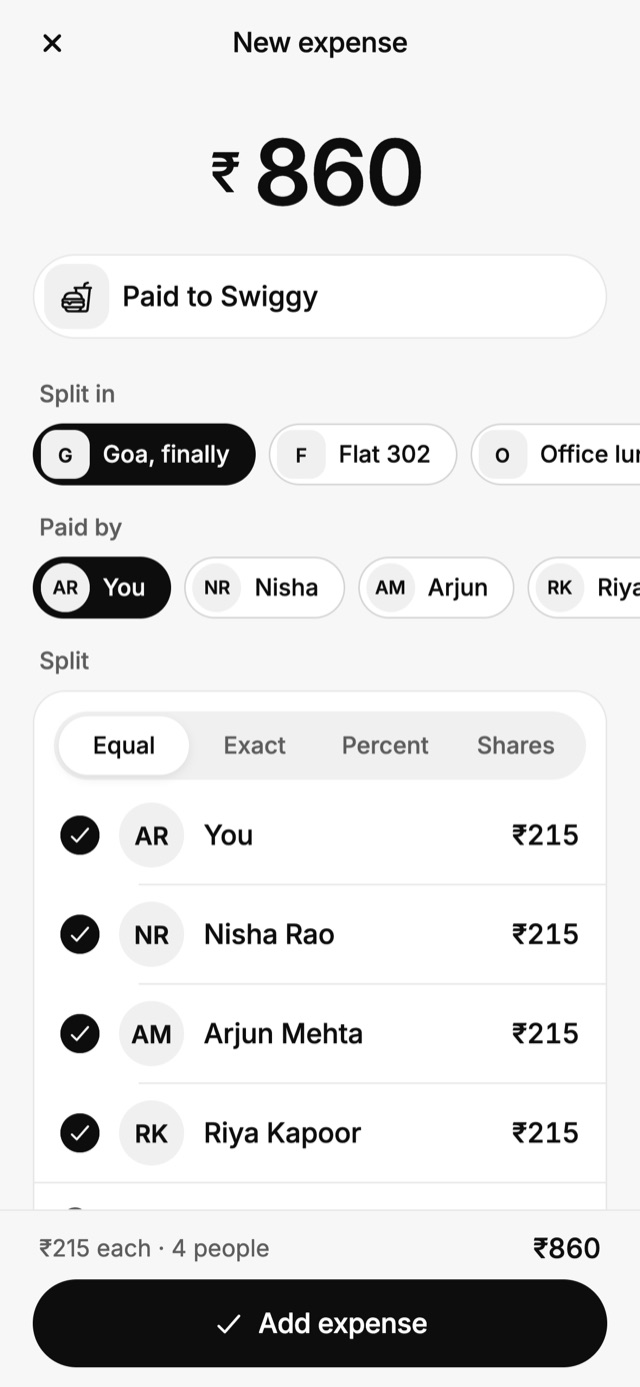 A new ₹860 expense split equally between four people